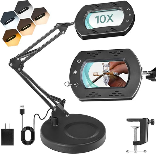 10X Round Magnifying Glass with Light and Stand, 2-in-1 LED Lighted Desk Lamp & Clamp, 5 Color Modes Stepless Dimmable, Hands-Free Magnifier Desk Lamp for Reading Craft Close Work B02DL05