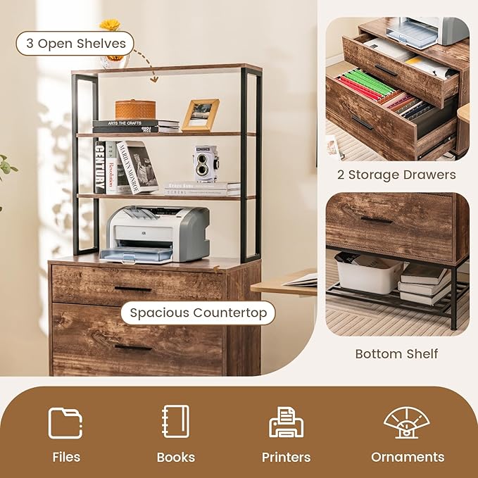 Giantex Tall 2-Drawer File Cabinet - Filing Cabinet w/Charging Station, 3-Tier Storage Shelves, Large Drawer, Hanging File Folders, Fits Letter A4 Legal Size, Printer Stand for Home Office (Brown)