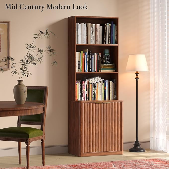 71" Walnut Bookcase with Doors, 5 Tier Fluted Tall Bookshelf with Storage, Librero with Cabinet for Home Office, Living Room,or Bedroom