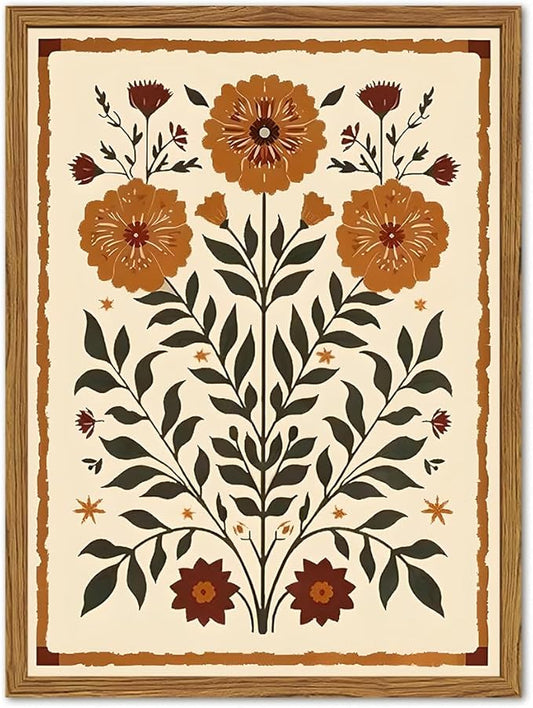 Framed Vintage Mexican Floral Wall Art, Boho Flower Pictures Wall Decor, Folk Marigolds Botanical Paintings Canvas Prints Rustic Home Decor for Living Room Bedroom 16x24 inch
