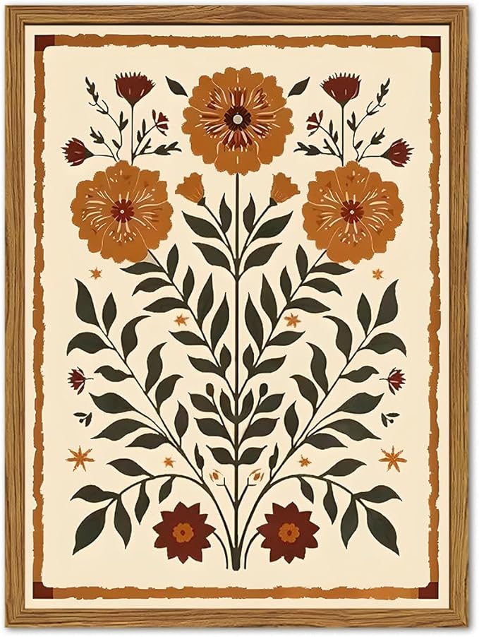 Framed Vintage Mexican Floral Wall Art, Boho Flower Pictures Wall Decor, Folk Marigolds Botanical Paintings Canvas Prints Rustic Home Decor for Living Room Bedroom 12x16 inch