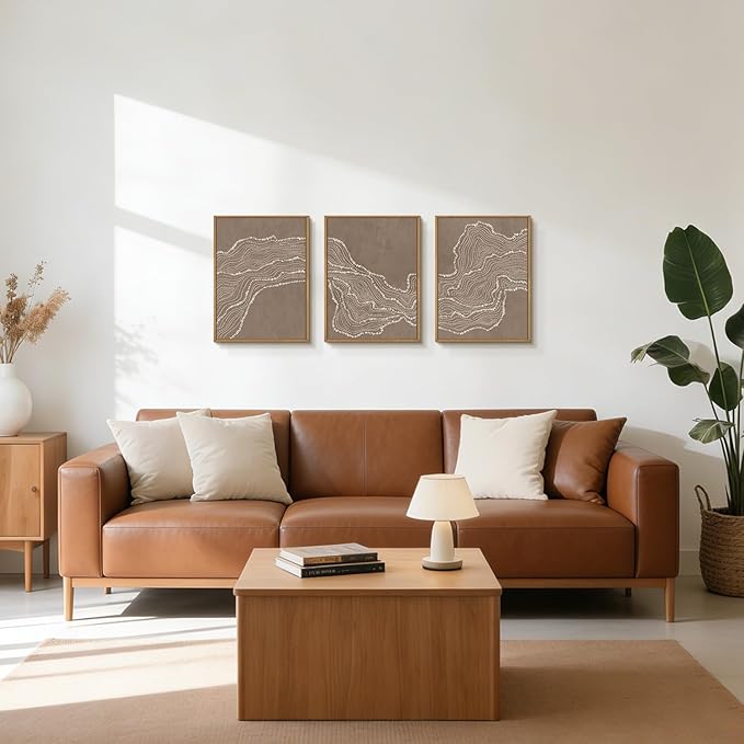 Abstract White Wave Framed Canvas Wall Art,Modern Minimalism Wall Decor,Neutral Geometric Line Art Painting,Textured Brown Artwork for Living Room,Bedroom,Dining Room,Office - 12"x16"x3