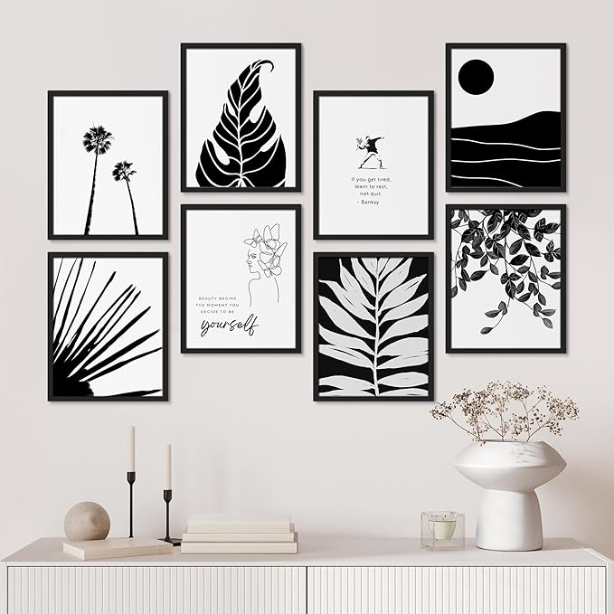 SIGNWIN Framed Poster Bathroom Decor, Wall Art Room Decor Multicolor for Living Room, Bedroom, Office Black White Duotone Tropical Palm Landscape Nature Abstract Shapes - 12"x16"x 8 Black
