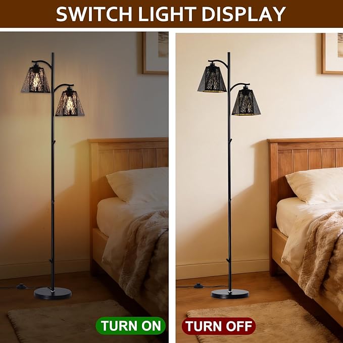64.56" Tall Rustic Floor Lamp,2-Light Tree Gothic Black Metal Forest Tree Lampshade Farmhouse Floor Lamps for Living Room,Western Standing Floor Light for Bedroom,Home,Office,Corner,Bar