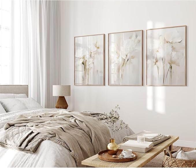 Neutral Wall Art Abstract Floral Canvas Pictures Beige Flower Wall Decor Modern Painting Minimalist Poster Abstract Botanical Prints White Artwork for Bedroom Living Room 12x16 Inch Unframed Set of 3