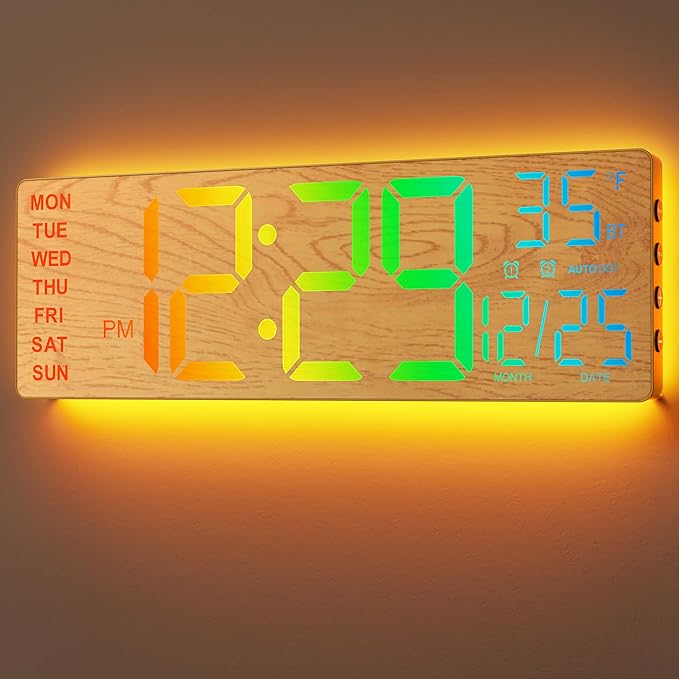 16.5" Large Digital Wall Clock with BT Sync, Wood Grain Clock with 11 RGB Light Scenes, Remote Control, Dual Alarms with Big LED Display, Auto DST, Temperature for Classroom Gaming