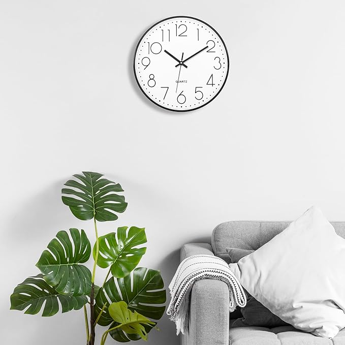 Foxtop 14 Inch Black Wall Clock Large Silent Non-Ticking Battery Operated Round Quartz Modern Wall Clocks Decorative for Living Room Bedroom Home Office