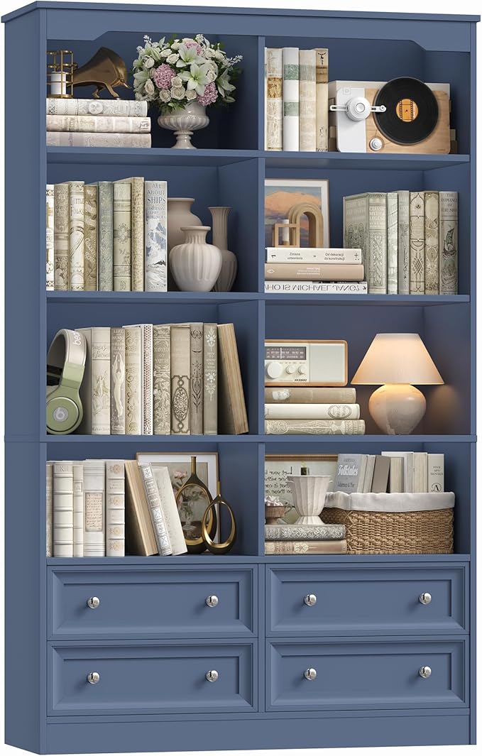 FINETONES 71" Tall Bookshelf with 4 Drawers, 6-Tier Double Wide Bookshelves and Bookcases with Storage, Blue Bookshelf Large Open Bookshelves Standing Book Cabinet for Home Office