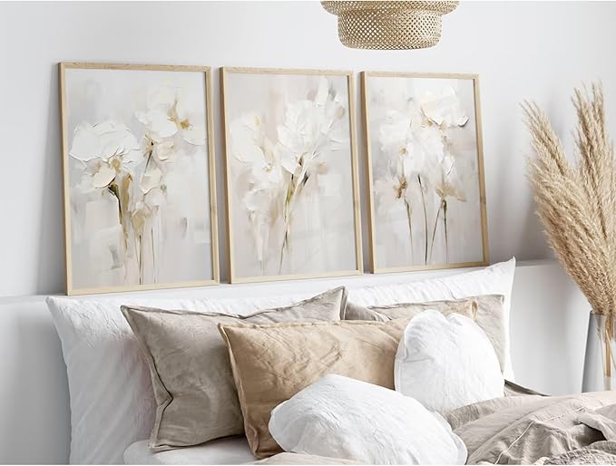 Neutral Wall Art Abstract Floral Canvas Pictures Beige Flower Wall Decor Modern Painting Minimalist Poster Abstract Botanical Prints White Artwork for Bedroom Living Room 16x24 Inch Unframed Set of 3