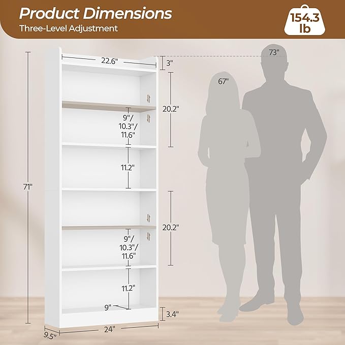 Yaheetech 7-Tier Open Bookcase and Bookshelf, Modern Simple Floor Standing Display Storage Shelves with Top Open Compartment for Home Office, Study, Living Room - White