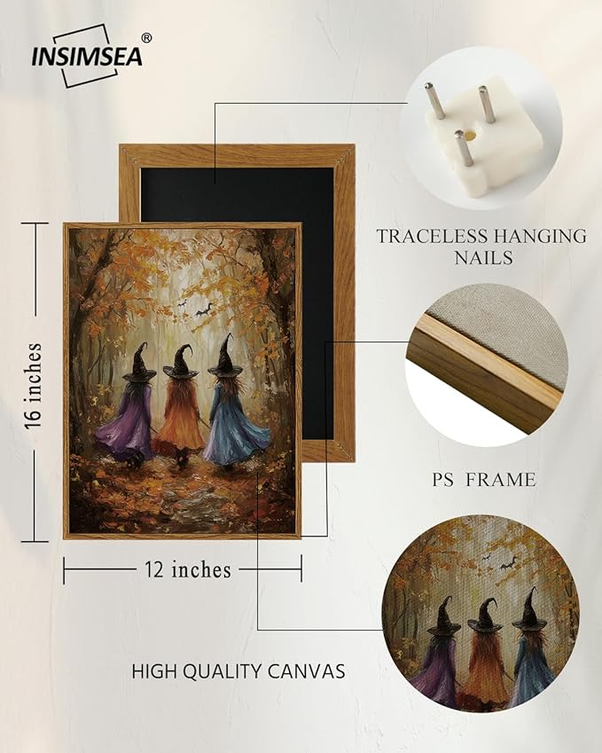 InSimSea Framed Canvas Wall Art, Mystical Witch Art Prints, Halloween Fall Decor for Living Kids Room Bedroom Hallway Entryway Fireplace, Cute Autumn Forest Decor, 12x16 Inch
