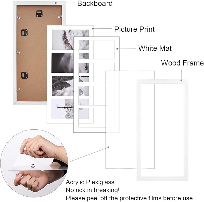 Egofine 8x20 Picture Frames Set of 2, with 4 Opening for 4x6 Pictures, Display Multiple 4x6 Pictures, Wood Collage Frame Covered by Plexiglass Wall Mounting Horizontal or Vertical, White