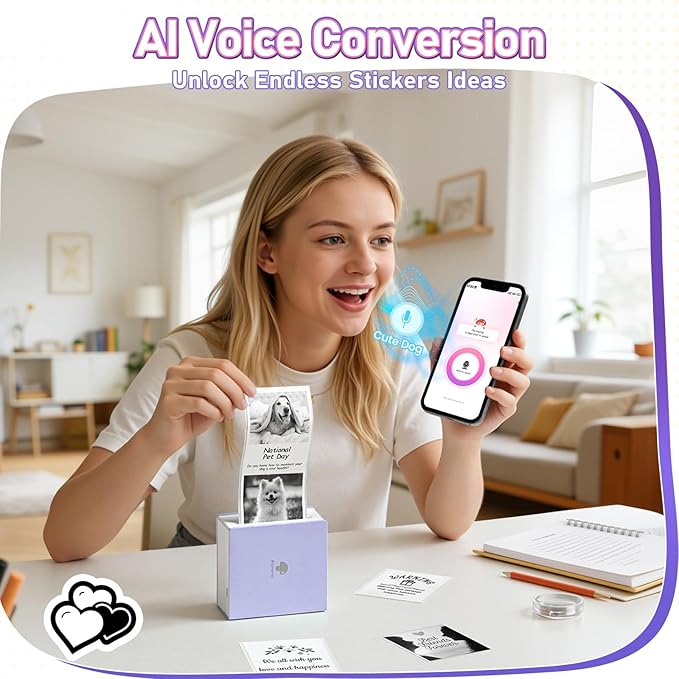 Phomemo Sticker Printer- Mini Thermal Sticker Printer Machine, Small Pocket Label Maker Instant Print for DIY Creation, Study Notes, Photos, Portable Inkless Photo Maker for Kids/Students, Purple