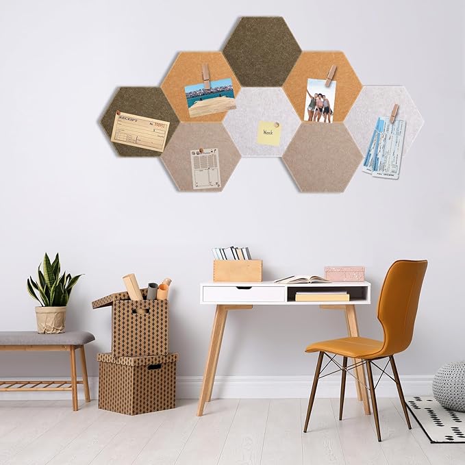 8 Pcs 12" Large Hexagon Felt Cork Bulletin Board Tiles Self Adhesive DIY Pin Board with 50 Push Pins and 10 Colored Clips, Wall Decor for Office Home Kitchen Photos Memos(Burlywood)