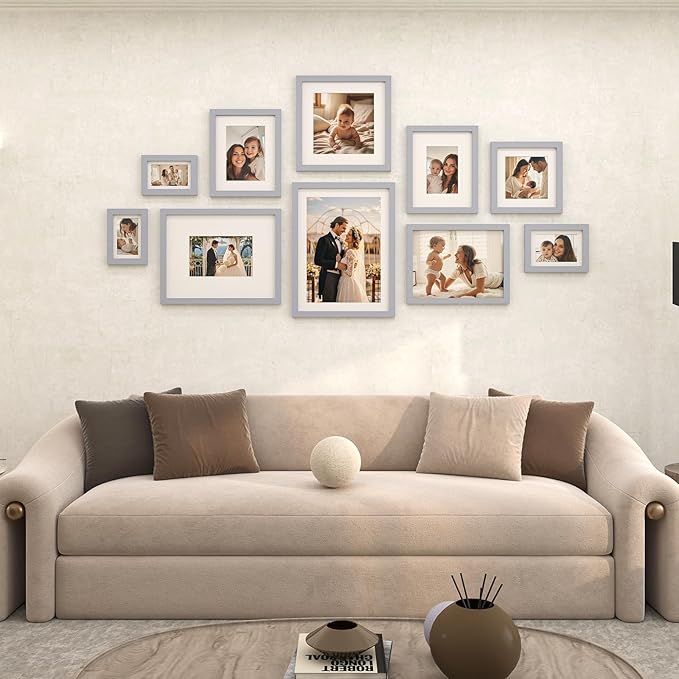 Egofine 12x16 Picture Frames with Plexiglass, Display Pictures 9x12/11x14 with Mat or 12x16 Without Mat Set of 4 for Wall Mounting,Light Grey