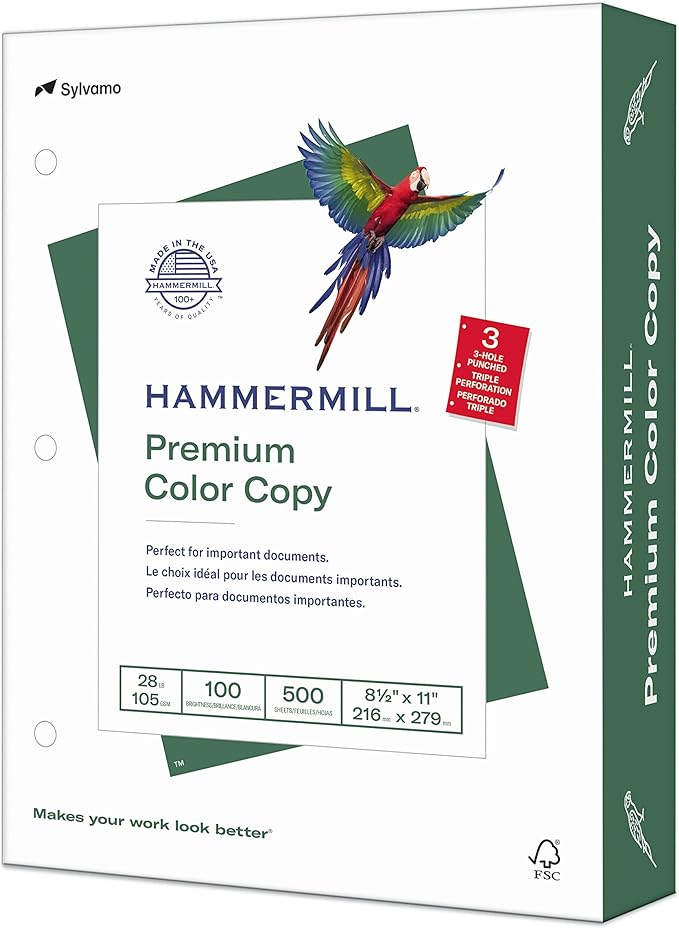 Hammermill Printer Paper, Premium Color 28 lb Copy Paper, 3 Hole - 100 Bright, Made in the USA, 102500R - 1 Ream (500 Sheets)