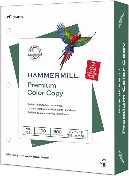 Hammermill Printer Paper, Premium Color 28 lb Copy Paper, 3 Hole - 100 Bright, Made in the USA, 102500R - 1 Ream (500 Sheets)