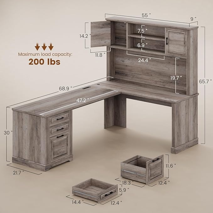 Itaar Farmhouse Executive L Shaped Desk, Home Office Desk with File Drawer and Power Outlet, Computer Corner Desk with Hutch and Drawer, Workstation for Office Home, Grey