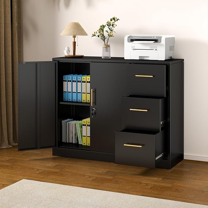 Lateral File Cabinet with 3 Drawers, Metal Storage Cabinet with Lock, Black Sideboard Buffet, Multi-Functional Accent Cabinets for Home Office Living Room Entryway