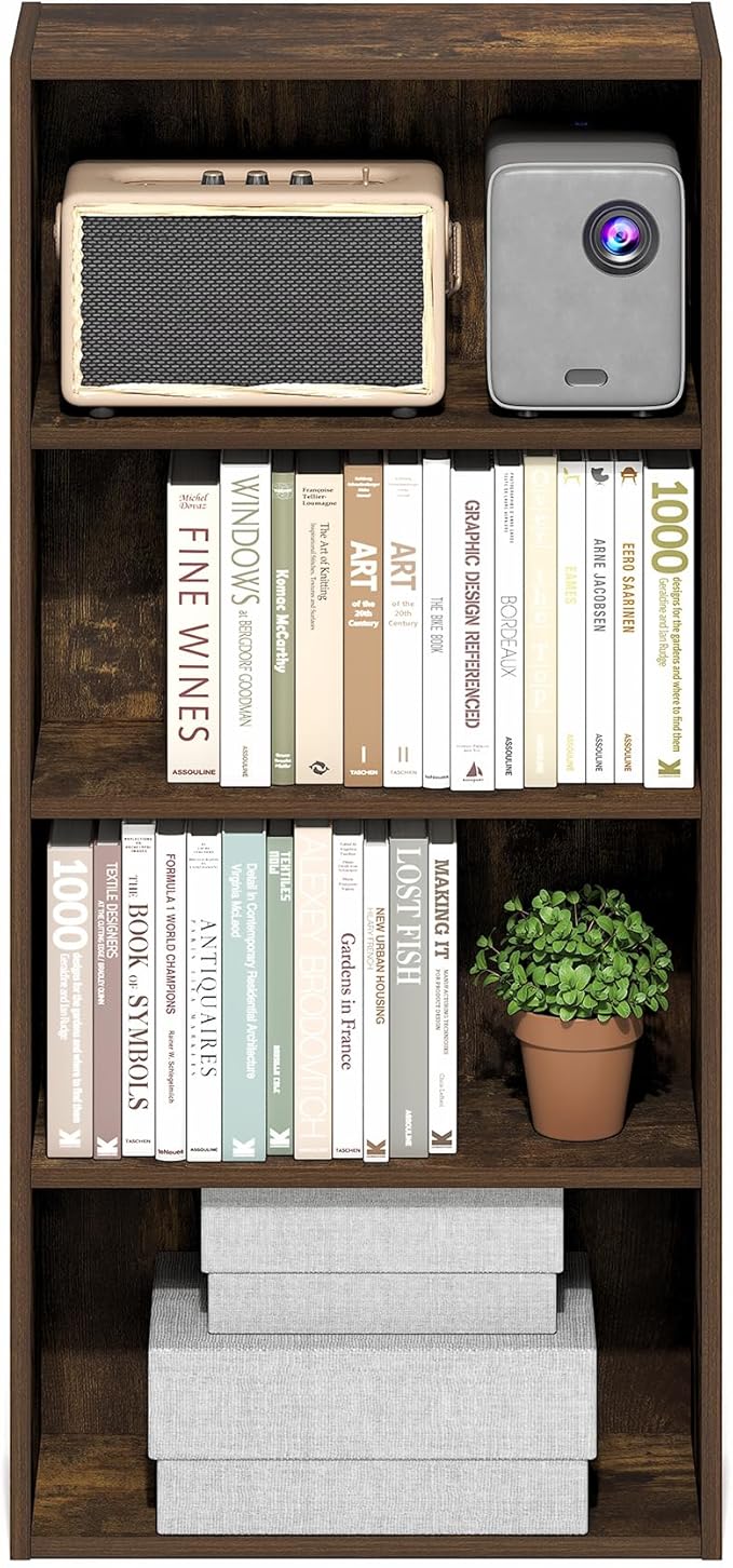 Furinno Basic Book Shelf, 4-Tier Bookcase with Open Shelf, Bookshelf, Cube Storage Organizer, 7 x 17 x 35, for Living Room, Bedroom, Home Office, Amber Pine