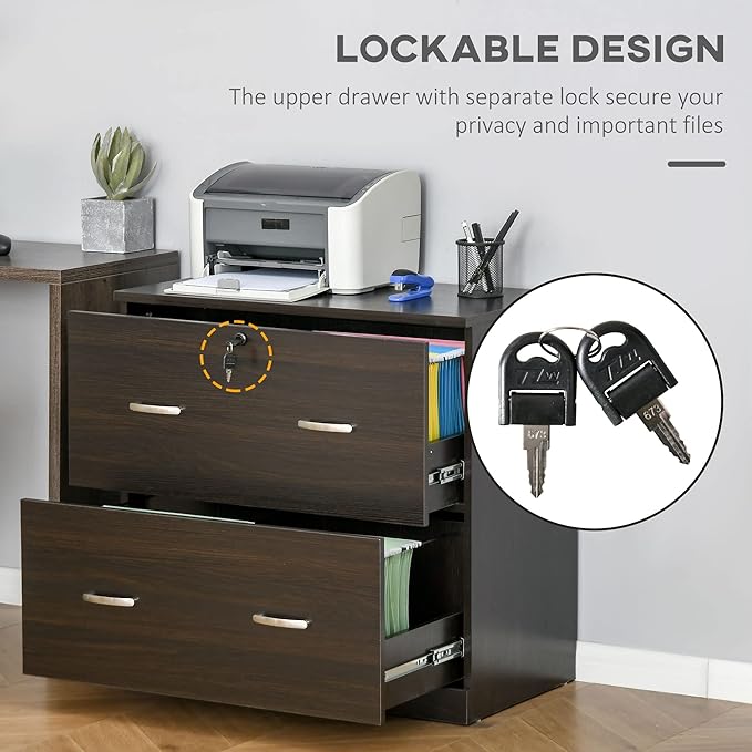 2 Drawer File Cabinet with Lock, Home Office Filing Organizer, for Letter Legal A4 Size Labeled Folders File Folder Storage, Wood Lateral Filing Cabinet (Walnut-D16.5*W29.25*H28.25in)