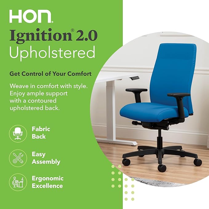 HON Ignition 2.0 Fabric Office Chair, Upholstered, Adjustable Arms, Advanced Synchro-Tilt Recline Executive Ergonomic Office Chair, Black Frame, Peacock