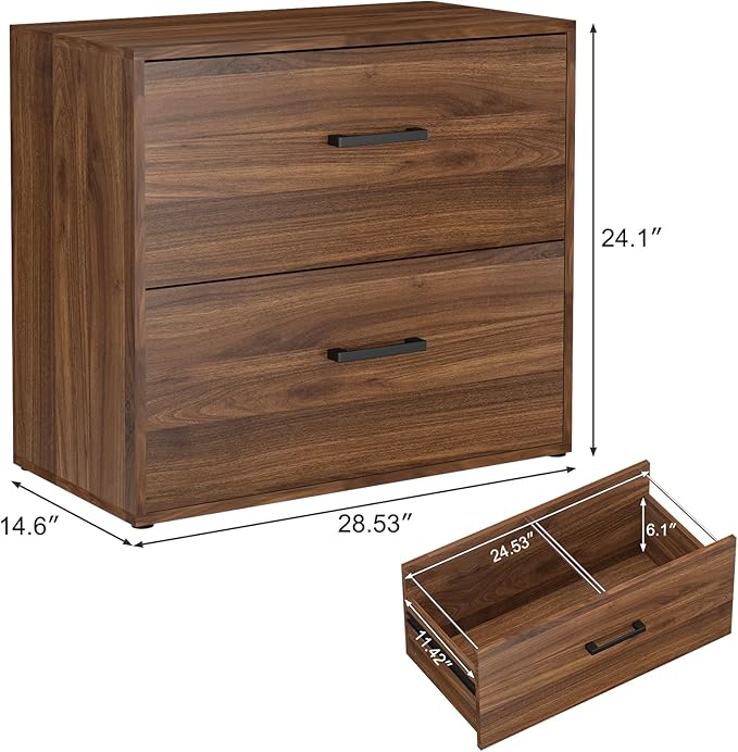 Lateral File Cabinet 2 Drawer, Walnut Woood File Cabinets for Home Office, Office File Cabinet for Letter/Legal/Hanging Files, Easy Assembly