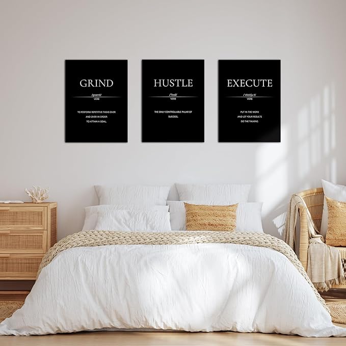 LMGOV Motivational Wall Decor, Office Decor for Men, 12” x16” Framed Canvas Wall Art for Bedroom, Wall Picture for Living Room, Black and White Positive Paintings for Gym, Bathroom, Sports, Dorm (3 Piece)