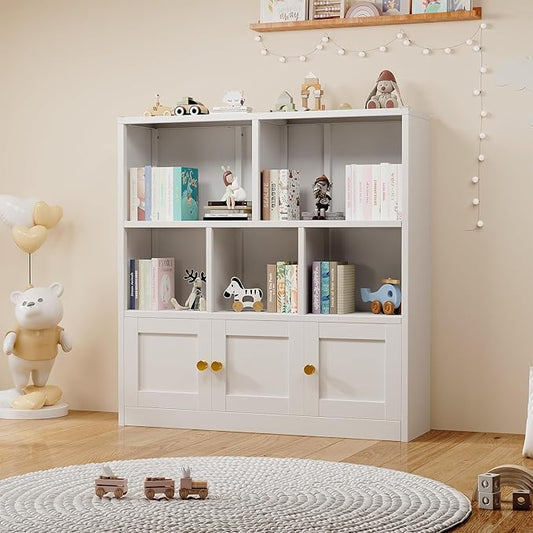 Kids Bookshelf and Toy Storage Organizer with 3 Cabinet and 5 Open Cubbies，Kids Toys Storage Organizer Shelf with Corner Guard，Multifunctional Floor Chest for Playroom and Kid's Room（White）