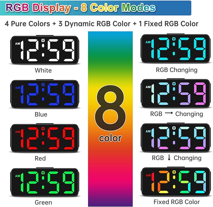 Peakeep Small Tiny Digital Alarm Clock Plug in for Kids Bedroom Bedside Nightstand, RGB Colorful Changing Large Display for Travel, Dimmable 6 Brightness, Corded Electric Battery Backup (Black - RGB)