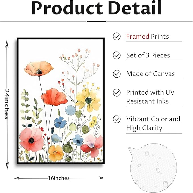 KISSFOX Framed Colorful Wildflower Canvas Wall Art Set Of 3 Flowers Pictures Prints Flowers Printing Floral Watercolors Flower wall Decor Living Room Girls Bedroom Bathroom