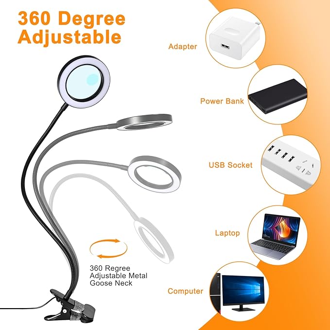 20X/10X Dual-lens Magnifying Glass with Light and Timer, Combination Lens Magnifier with Light, 3 Color Modes, 2 in 1 Magnifying Desk Lamp for Craft Hobby Painting Sewing Close Work(No Adapter)