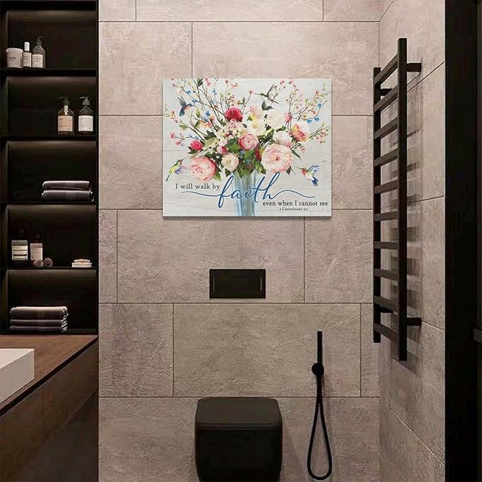 Christian Wall Art Bible Verses Pictures Wall Decor Rustic Floral Canvas Country Flower Print Painting Modern Home Artwork for Bathroom Bedroom Living Room Office Framed 20"x16"