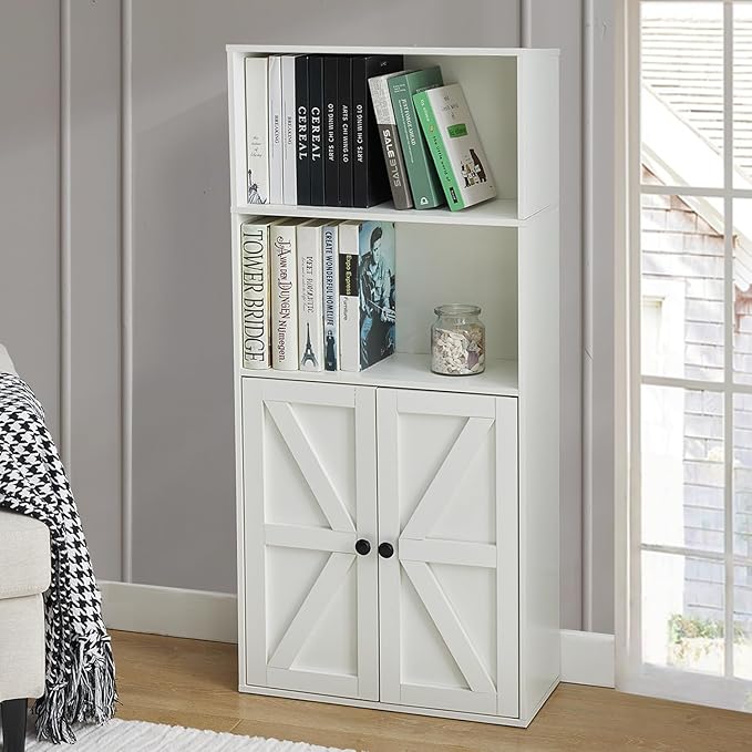 White 4-Tier Bookshelves for Living Room, Farmhouse Tall Bookcase with Doors, Wooden Bookshelf with Storage Cabinet and Shelves for Living Room, Home Office
