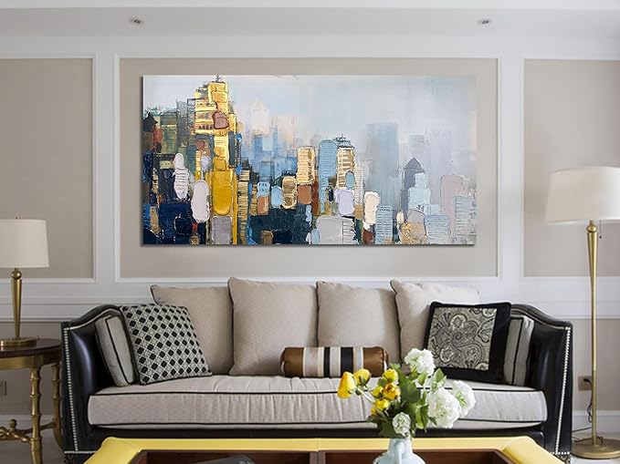 Arjun Neutral Wall Art Painting Oversize Abstract Art Wall Decor Canvas, Textured Skyline for Living Room Gold Painting Modern Artwork for Men Bedroom Cityscape Home Office Wall Decor, 58"x 29"