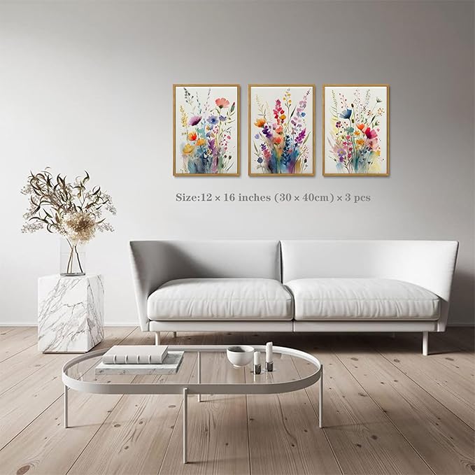 KISSFOX 3 Piece Colorful Wildflower Botanical Framed Wall Art Watercolor Floral Canvas Art Prints Boho Flower Pictures Wall Decor Modern Minimalism Paintings Artwork Girls Bedroom Living Room Bathroom