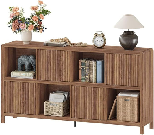 FATORRI 8 Cube Bookcase with 4 Doors, Wood Bookshelf with Storage Cabinet, Low Horizontal Storage Book Shelf for Living Room, Home Office, Dining (57 Inch Walnut)