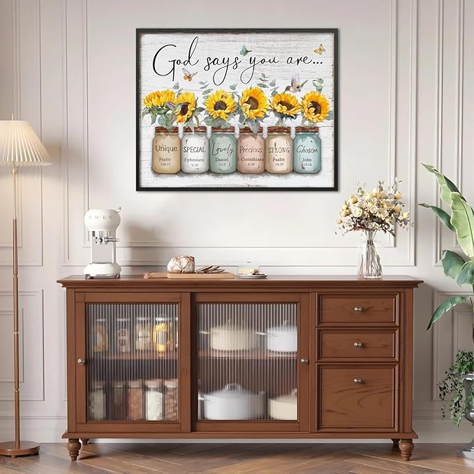 Inspirational Bible Verse Wall Art: God Says You Are Wall Sayings Sunflower in Mason Jar Picture Print Christian Gift Quotes Poster for Women Girl Bedroom Decor 24" x 30"