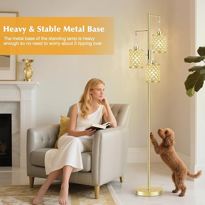 GyroVu Morden Gold Crystal Floor Lamps for Living Room, 3-Light Standing Tall Lamp with Elegant K9 Crystal Shade & Rotary Switch, Modern Corner Floor Lamp for, Bedroom, Home Office, Reading