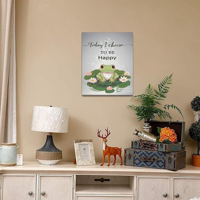 yerretin Frog Wall Art Funny Frog Lotus Pictures Wall Decor Flower Canvas Painting Modern Artwork Home Decorations for Bathroom Living Room Bedroom Office Framed 16"x20"