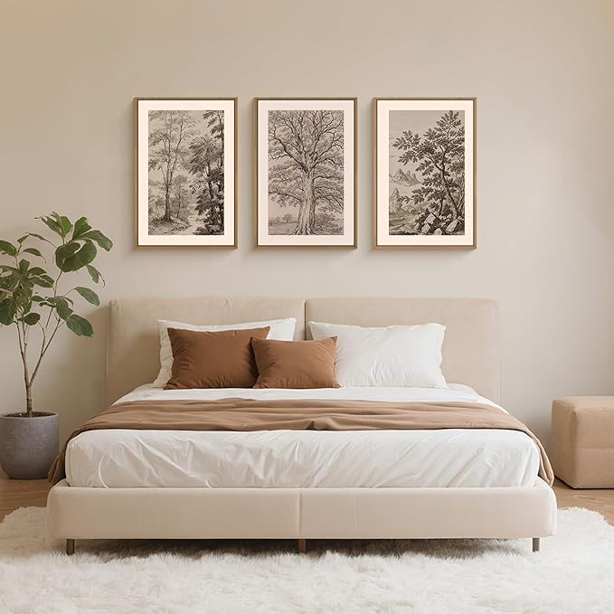 Large Vintage Tree Sketch Framed Canvas Wall Art,Brown and Beige Botanical Wall Decor,Natural Forest Artwork,Textured Landscape Art Print for Living Room,Bedroom,Office- 16"x24"x3