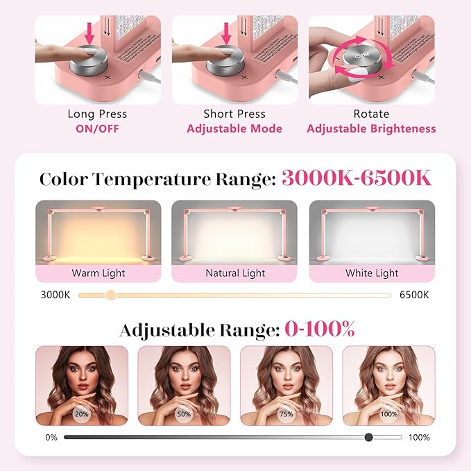 Yokilly 48W Half Moon Light: 34" Shadow-Free Half Moon Light for Desk Salon - Foldable LED Desk Lamp with Stepless Brightness 3000K-6500K for Manicurist Nail Tech (Pink Diamond, Large)