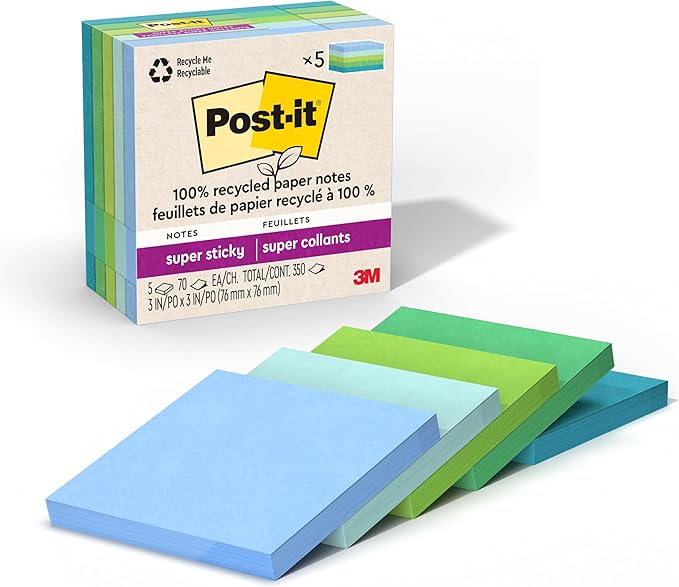 Post-it 100% Recycled Paper Super Sticky Notes, 3 in. x 3 in., 5 Pads, 70 Sheets per Pad, Oasis Collection, School Supplies and Office Products