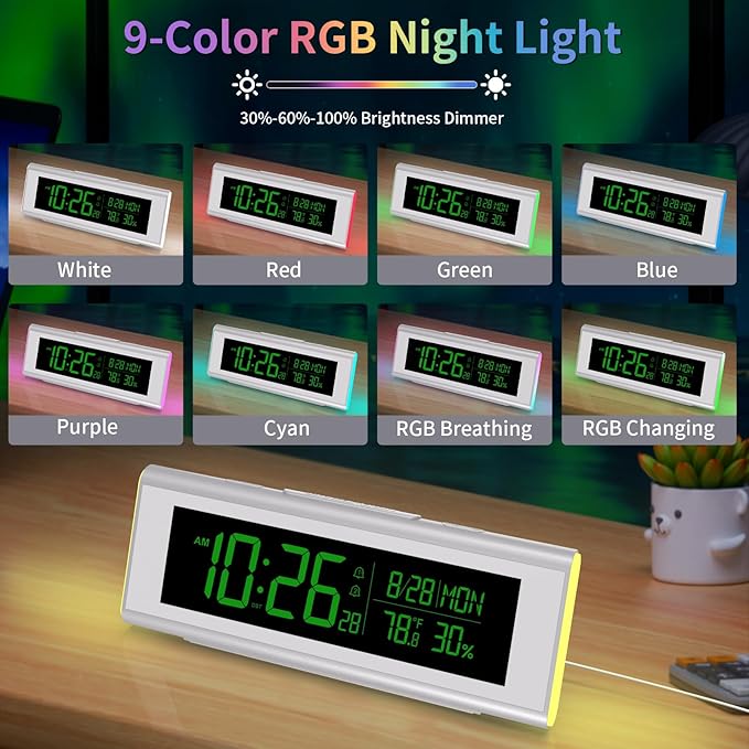 Alarm Clocks for Bedrooms, LED Desk Clock with RGB Night Light, Brightness Dimmer, Date, Week, Temperature Large Display, Modern Decor for Desk, Office, Gift for Kids, Teen, Adults (Silver)