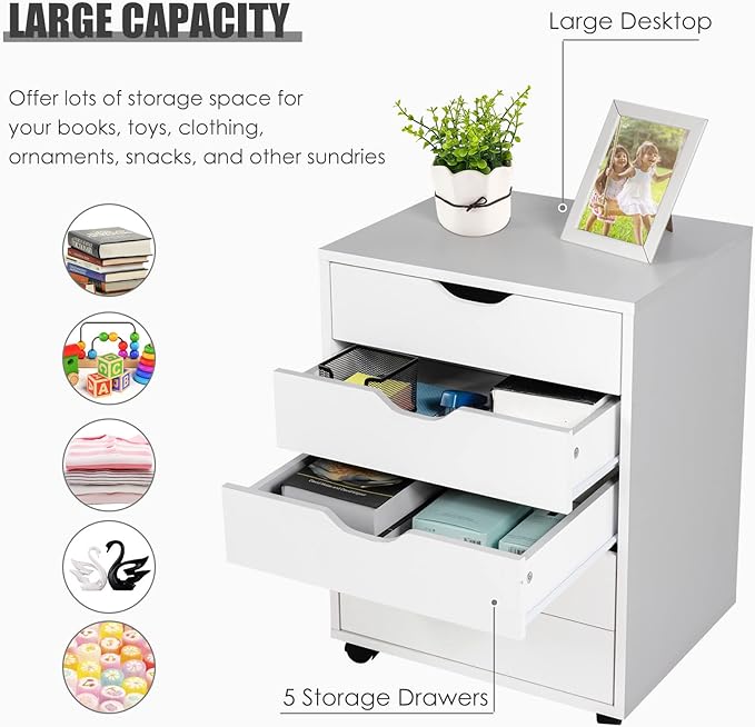 5 Drawers File Storage Cabinet, 26.5" Vertical Filling Cabinet for Home Office, Under Desk Office Drawer Organizer, Universal & Lockable Casters, Rolling Printer Storage Rack (White)