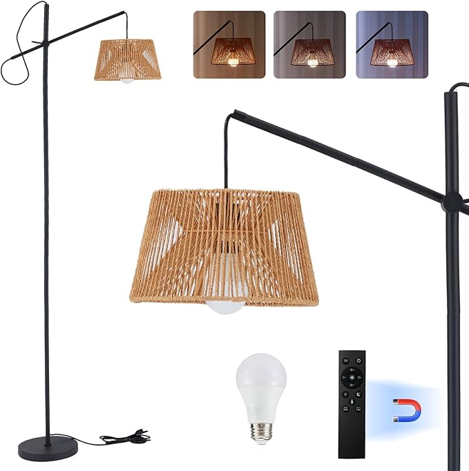 Arc Floor Lamp with Remote, Boho Floor Lamp with 3 Color Temperatures, 2700K-6500K Dimmable Rattan Standing Lamp with LED Bulb and Foot Switch, Adjustable Tall Lamp for Living Room Bedroom