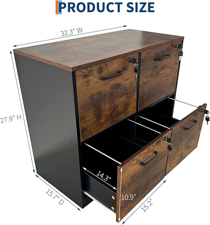 GarveeHome 4 Drawer File Cabinet with Lock, Locked File Cabinet with Key, Wooden Filing Cabinets for Home Office, Office Storage for Letter/A4/Files, Rustic Brown and Black