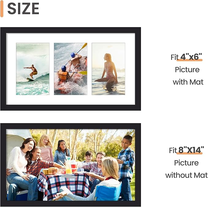 upsimples 8x14 Collage Picture Frame, Display Pictures 3 4x6 with Mat or 8x14 Without Mat, Wall Hanging 3 4x6 Picture Frame Collage Wall Decor, Black, 1 Pack