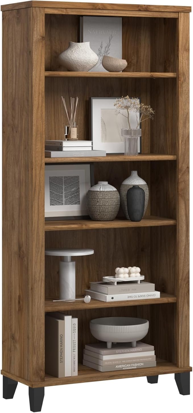Bush Home Somerset 5 Shelf Bookcase in Fresh Walnut, Tall Bookshelf, Large Book Shelf for Living Room, Home Office, or Entryway