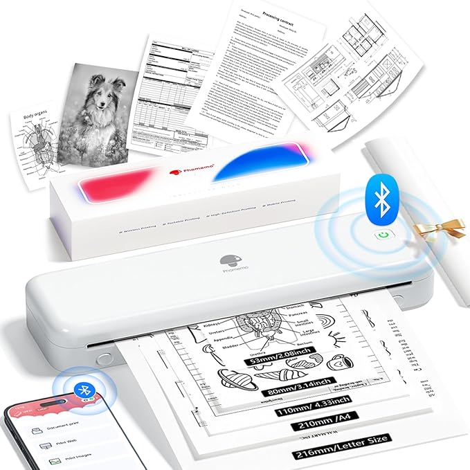 Phomemo Portable Printer, Wireless Bluetooth Thermal Printers, Support 8.5" x 11" and A4 Szie Thermal Paper, Compatible with iOS, Android & PC, Mobile Printer for Travel, Office, School, White